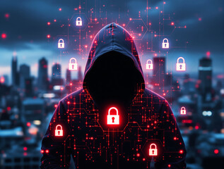 Hooded figure surrounded by glowing padlocks and digital data nodes in a tech graphic style on a cityscape background, concept of cyber threat. Ai generative