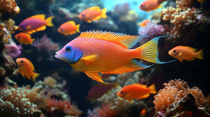 Vibrant underwater scene features a colorful fish with orange scales and a blue face surrounded by coral and other fish