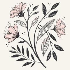 Botanical doodle background art vector set. Flower and leaves abstract shape doodle art design for print, wallpaper, clipart, wall art for home decoration 