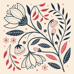 Botanical doodle background art vector set. Flower and leaves abstract shape doodle art design for print, wallpaper, clipart, wall art for home decoration 