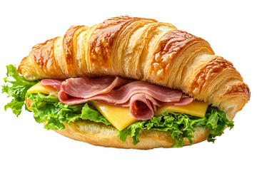 A delectable ham and cheese croissant sandwich, a perfect lunchtime treat, boasts a flaky, golden-brown crust filled with savory ham, melty cheese, and crisp lettuce.