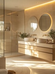 Fototapeta premium modern minimalist bathroom with floating double vanity, round backlit mirror, rain shower enclosed in frameless glass, neutral stone tiles, sleek gold fixtures, small indoor plants 