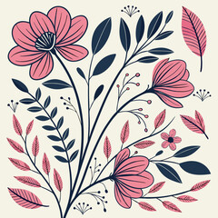 Botanical doodle background art vector set. Flower and leaves abstract shape doodle art design for print, wallpaper, clipart, wall art for home decoration 