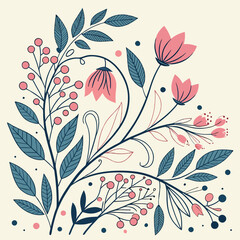 Botanical doodle background art vector set. Flower and leaves abstract shape doodle art design for print, wallpaper, clipart, wall art for home decoration 