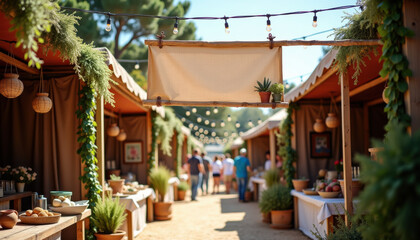 Obraz premium Horizontal banner mockup. Blank event banner for art festival suspended above outdoor vendor path with canvas booths, trees, and warm daylight in artistic street fair