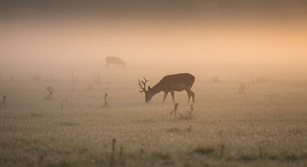 Fototapeta premium Deer Grazing in Misty Field at Sunrise Peaceful Wildlife Scene