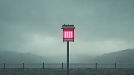 Red Illuminated Sign in Misty Mountain Landscape