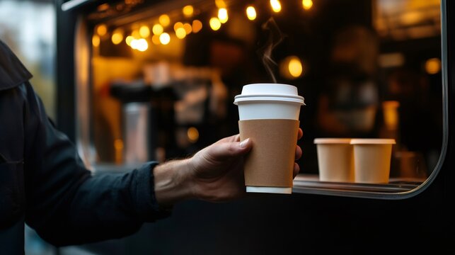 Customer is receiving a hot takeaway coffee in a disposable cup from a food truck vendor at an outdoor summer market, enjoying the festival vibes and urban picnic atmosphere