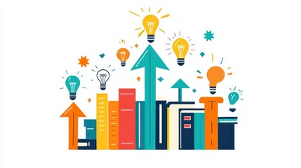 Colorful Illustration of Books and Light Bulbs Representing Ideas