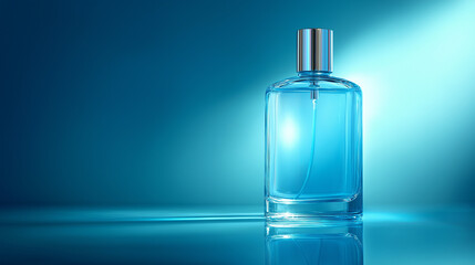 Sleek blue perfume bottle illuminated by soft spotlight on reflective aqua surface