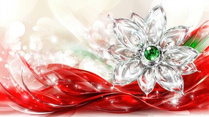 Elegant, sparkling flower brooch on red wavy background