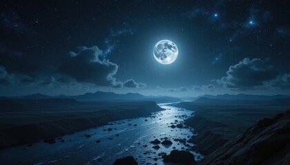 Moonlit river valley at night