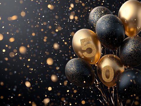 Glittering gold and black balloons celebrate a 50th birthday, confetti falling adding to the festive mood. Perfect for anniversary invitations or party decorations.