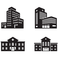 hospital, clinic, hospital building black vector silhouettes