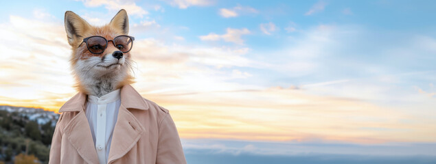 Fox with Sunglasses on Blue Sky with Clouds: Anthropomorphic Fox with Sunglasses and Jacket on Panoramic Sky Background – Conceptual Banner with Copy Space