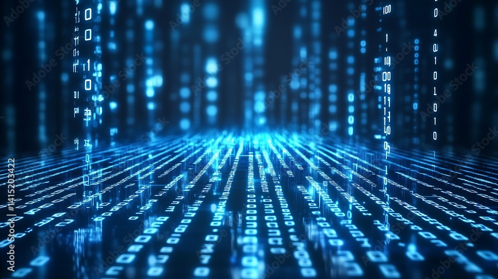 Fototapete futuristic digital data stream, futuristic digital data stream with glowing binary code in blue and 