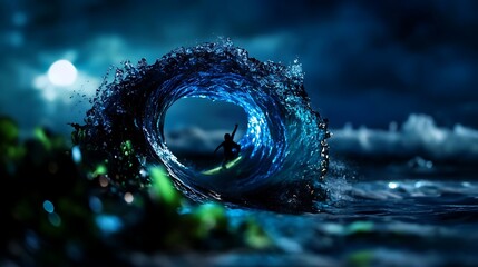 A lone surfer rides a mesmerizing, moonlit ocean wave.