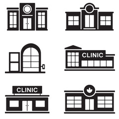 hospital, clinic, hospital building black vector silhouettes