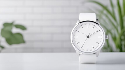 Sleek white watch on a white surface, featuring a minimalist design and a simple white face, set against a backdrop of greenery and white bricks