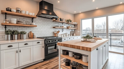 Fototapeta premium Bright kitchen with a black stove white cabinets and wood countertops Shelves showcase dishware potted plants and u