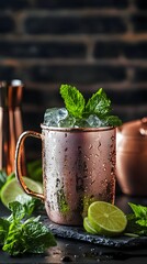 Refreshing Mint Lime Cocktail in Copper Mug with Ice Cubes