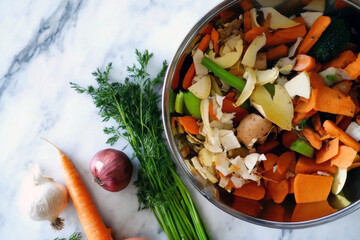 Top view of a metal bowl filled with vegetable scraps—peels, husks, and stems—on a white marble counter. Rustic and eco-conscious mood