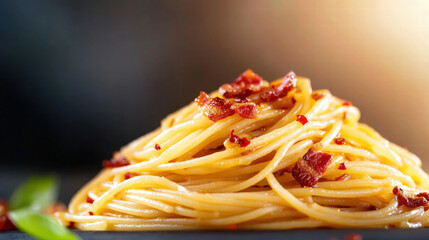 Delicious spaghetti topped with crispy bacon and hint of spice, perfect for any meal