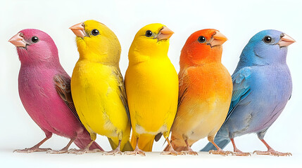 Fototapeta premium Five colorful finches stand in a row plumage in pink yellow orange and blue against a white background displaying t