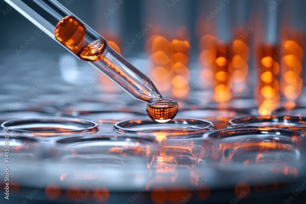 Poster a scientist performing a precise liquid transfer with a pipette in a modern laboratory setting