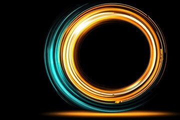 A vibrant, glowing orange and teal circular light trail against a black background, creating a dynamic, abstract ring effect
