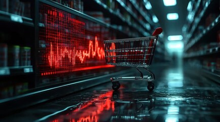 Abandoned Shopping Cart Reflecting Red Market Crash Data in a Supermarket Aisle with Gloomy Lighting
