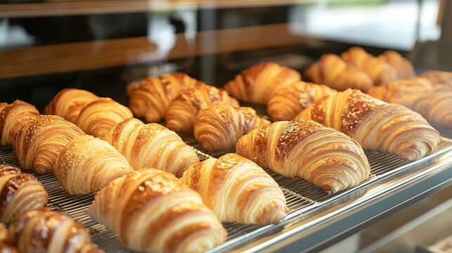 A selection of gourmet croissants in a bakery display case, beautifully arranged, inviting and colorful.