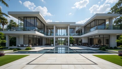 You are invited to enter a world of luxury and refinement in this exquisitely modern estate that radiates elegance and grandeur. With floor-to-ceiling windows letting in an abundance of natural light,