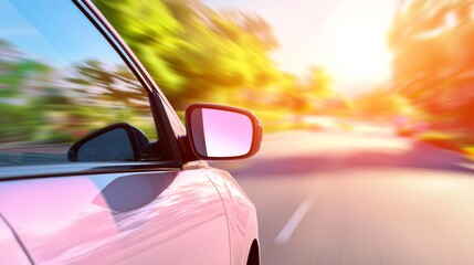 Car Driving Through a Sunny Tree-Lined Road with Vibrant Atmosphere and Reflections on a Bright Day