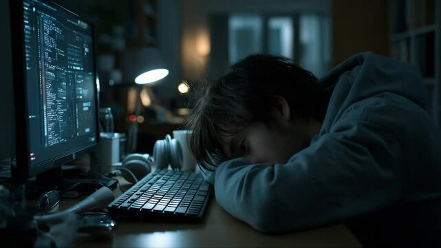 Young programmer asleep at computer in cool studio lighting representing late-night burnout and exhaustion Video 4K UHD 60 fps