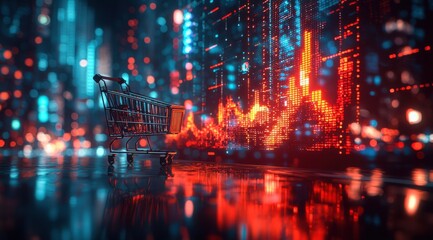 Shopping Cart with Digital Display Reflecting on Wet Surface, Abstract Futuristic Scene