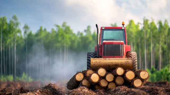 Red Bulldozer Clearing Fallen Trees in a Smoky Forest Landscape - Powered by Adobe