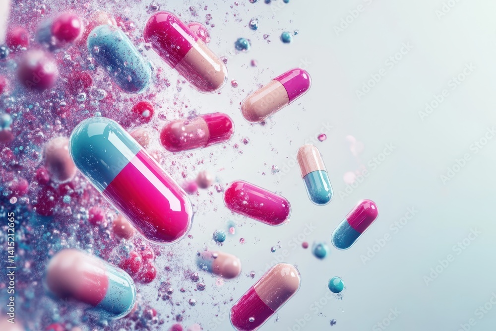 Poster colorful capsules and bubbles float against a soft background in a vibrant, dynamic display