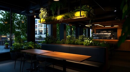 Fototapeta premium Urban eatery with lush, hanging greenery.