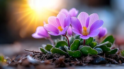 Vibrant purple crocus flowers blooming in early spring sunshine
