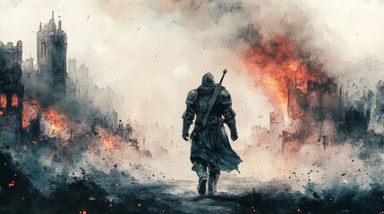 Obraz premium Watercolor Knight: Ashes of the Past - A lone knight, armor-clad, walks away from a burning city. Symbolism: loss, solitude, duty, resilience, aftermath