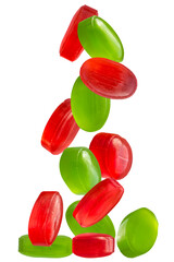 Falling red and green candies isolated on transparent background.
