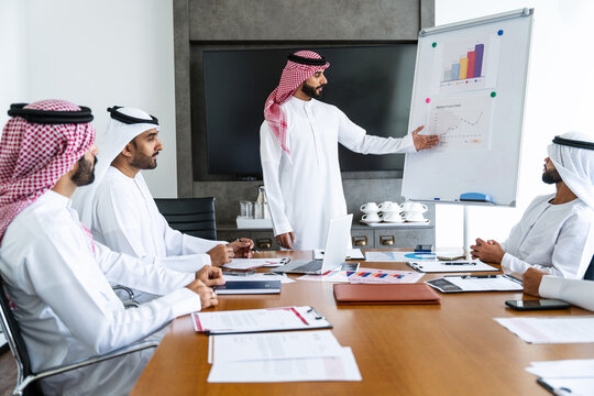 Arab businessmen wearing emirati and saudi kandura meeting in office for business deal - Corporate business group of middle-eastern people working in an international company in middle east