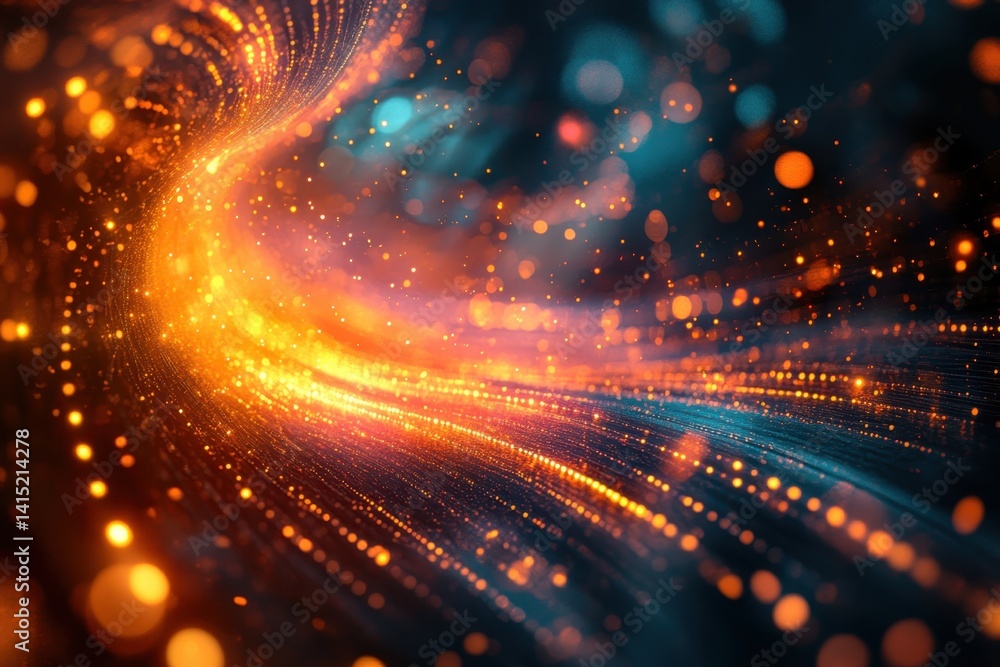Poster Dynamic patterns of glowing particles weave together in a colorful abstract design