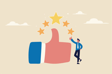 Best star rating, high quality product or good quality service, excellence customer feedback, user experience or five stars ranking concept, young business owner with big thumb up and 5 stars rating.