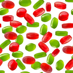 Seamless background, assorted red and green lollipops isolated on transparent background.