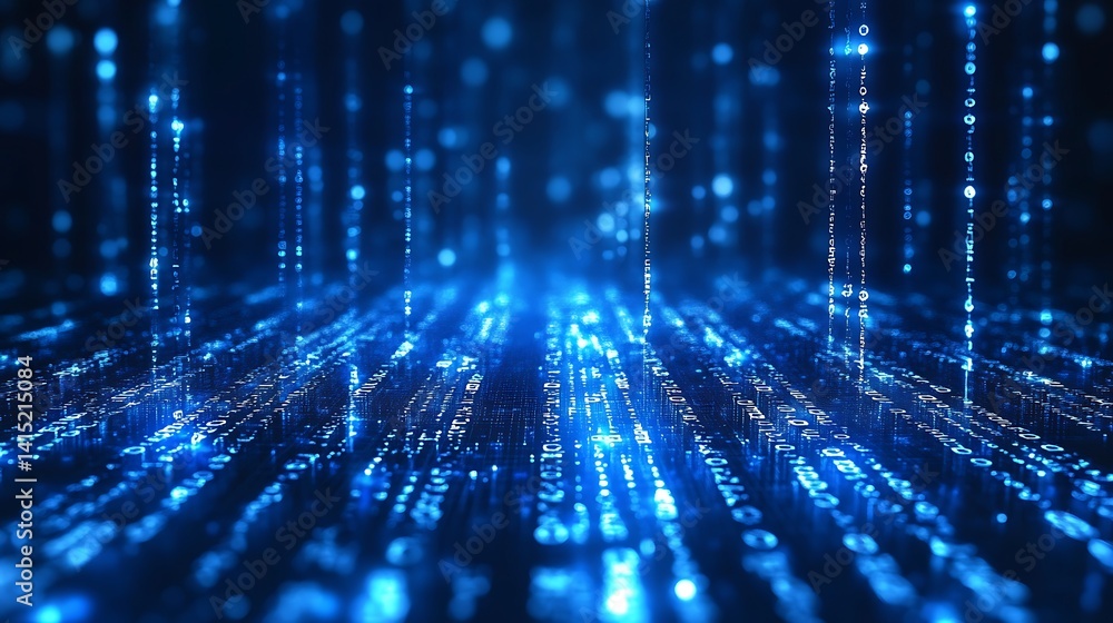 Fototapete futuristic digital data stream, futuristic digital data stream with glowing binary code in blue and 