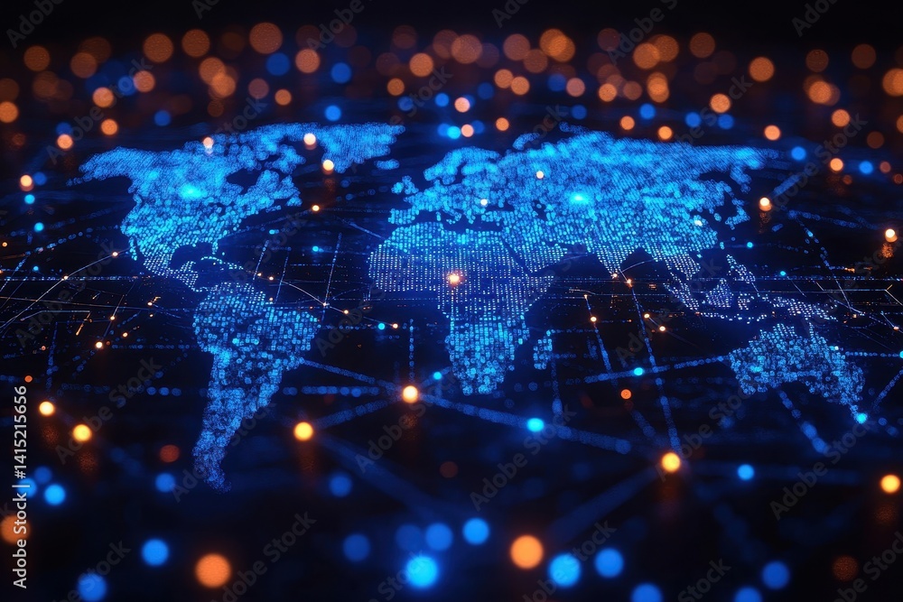 Poster digital world map with glowing lines and nodes showcasing global connectivity in a technological set