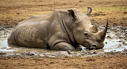 Obraz premium A White Rhinoceros enjoys wallowing in cool mud, partially submerged and happily covered in a thick layer. Natural cooling behavior for African wildlife.