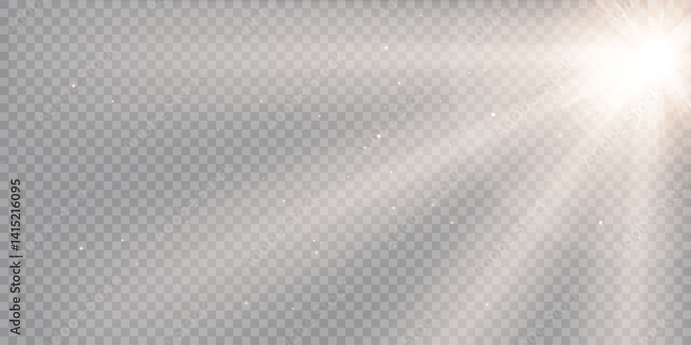 Poster sunlight effect on transparent png background. gold rays and beam shining with bokeh glow effect. su